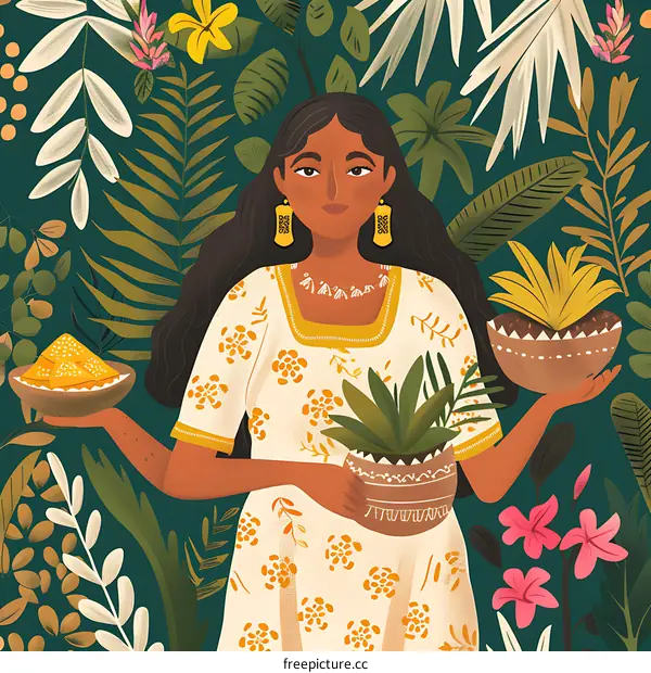 Woman in White Dress Holding Plants in a Green Forest