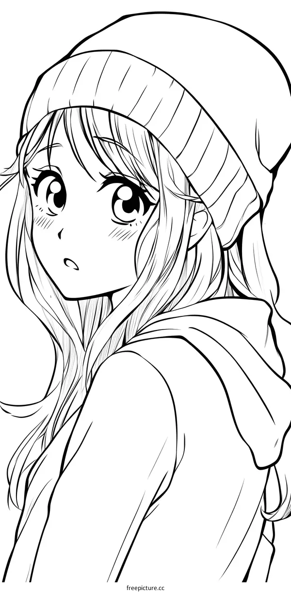 Anime Girl with Hat and Hoodie Coloring Page