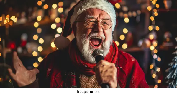 Portrait of a cheerful senior man in a Santa hat singing karaoke with a microphone in his hand