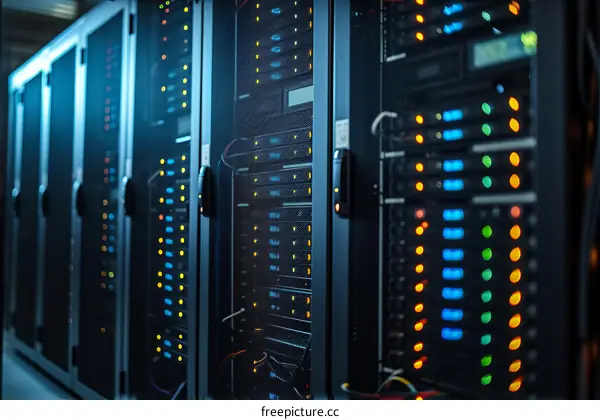 Server Room with Rows of Racks and Servers