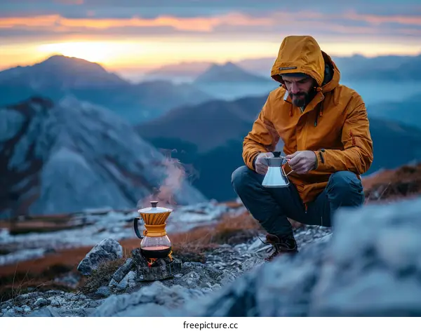 Man in yellow jacket making coffee on mountaintop at sunset