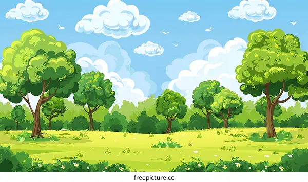 Cartoon Green Forest Landscape with Clouds and Trees
