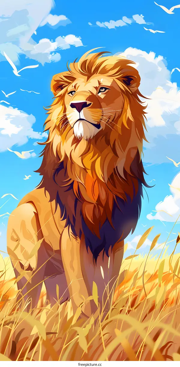 Majestic Lion Standing in a Field of Tall Grass