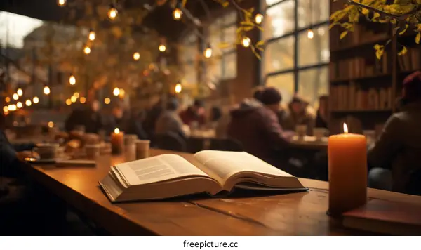An open book on a wooden table in a cafe with people in the background