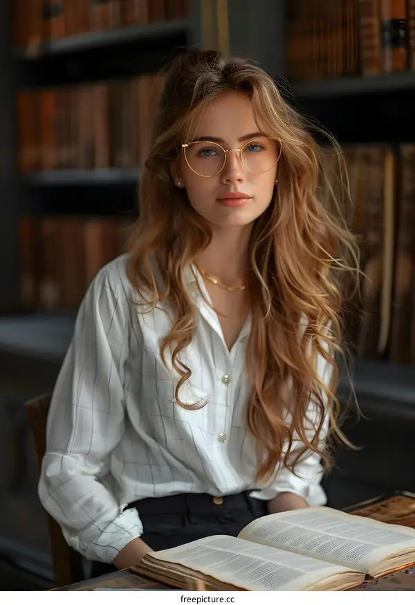 portrait of a beautiful young woman with long blond hair wearing glasses and a white shirt sitting in a library