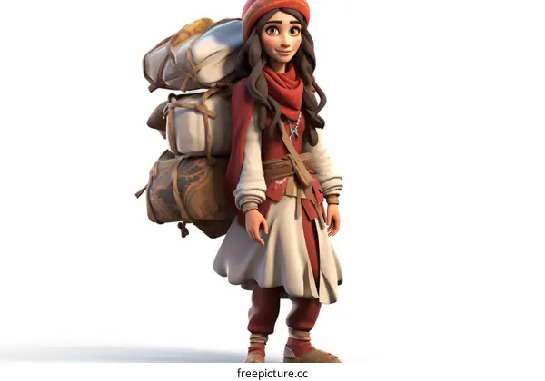 A young girl in a red hat and white dress carries a large pack on her back