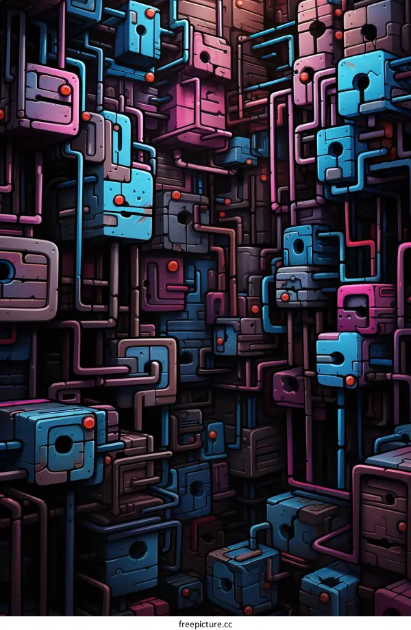 A digital illustration of a colorful circuit board with pink, blue, and purple wires and nodes.