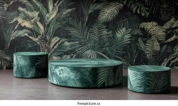 Tropical Green Leaf Pattern Poufs on Dark Background