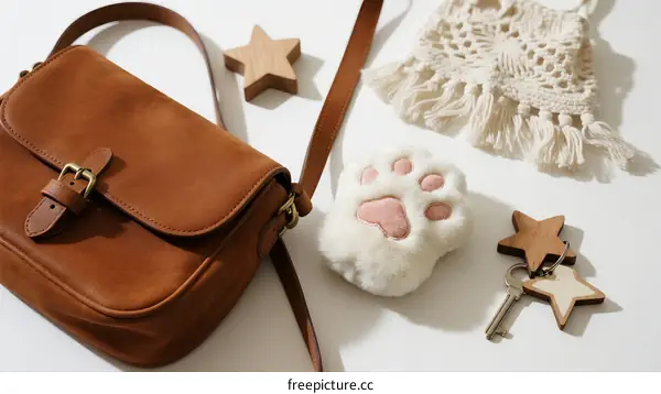 Brown Leather Crossbody Bag with Cat Paw Keychain and Accessories