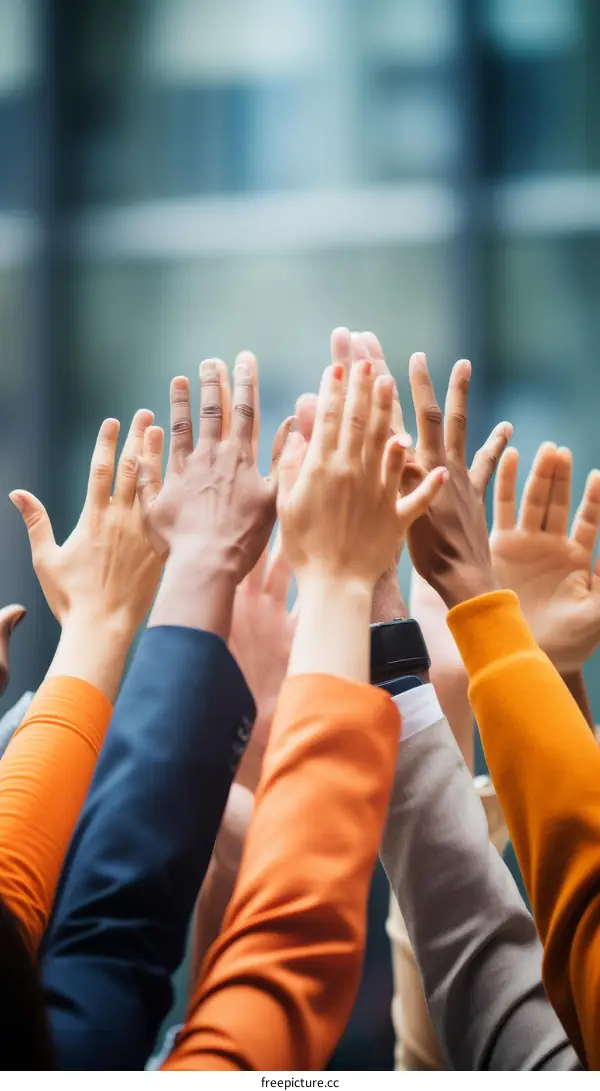 A group of people of different ethnicities raising their hands