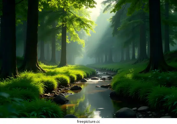 Misty Forest Creek Pathway of Sunlight