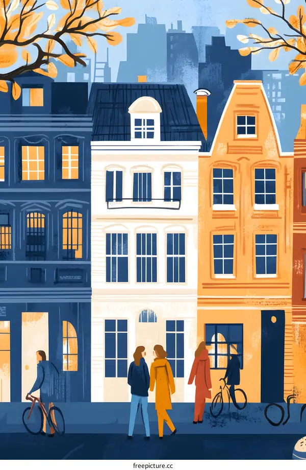 Colorful Illustration of European Buildings and People Walking