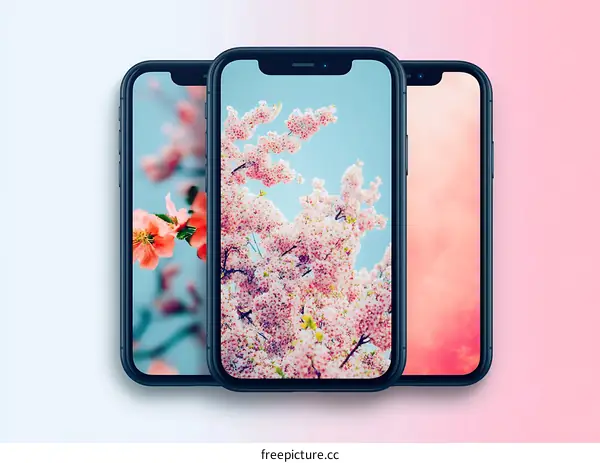 Three Black Smartphones with Pink Spring Flowers on the Screen