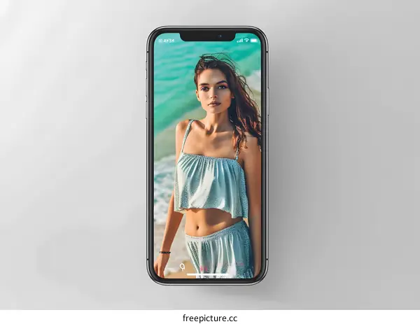 Beautiful Woman On Smartphone Screen Beach Background