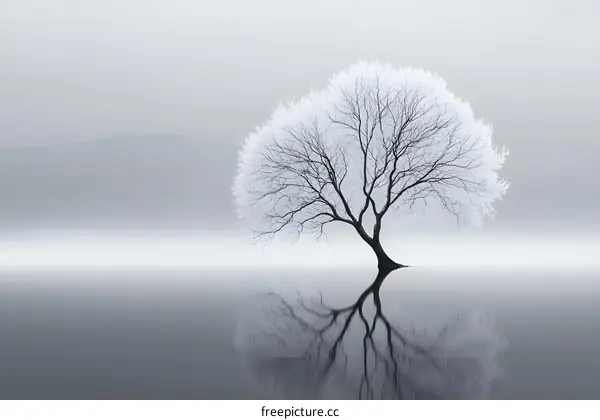 Winter Tree Reflection in Foggy Landscape
