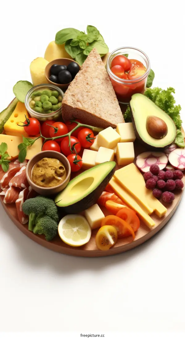 A wooden plate full of vegetables, fruits, cheese, and bread