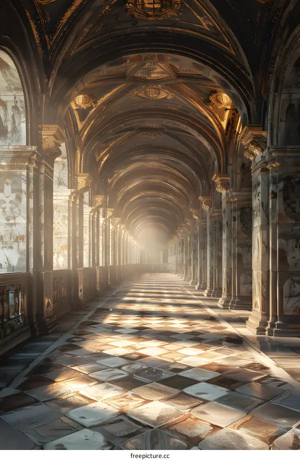 Golden Hallway With Arches and Pillars