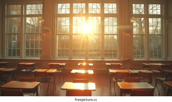 Classroom with empty wooden chairs and desks in the morning sunlight