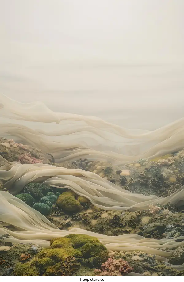 Abstract Landscape with Delicate Fabric Draped Over Lush Green Moss