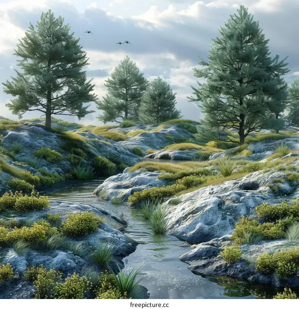 Rocky Mountain Landscape with River and Pine Trees