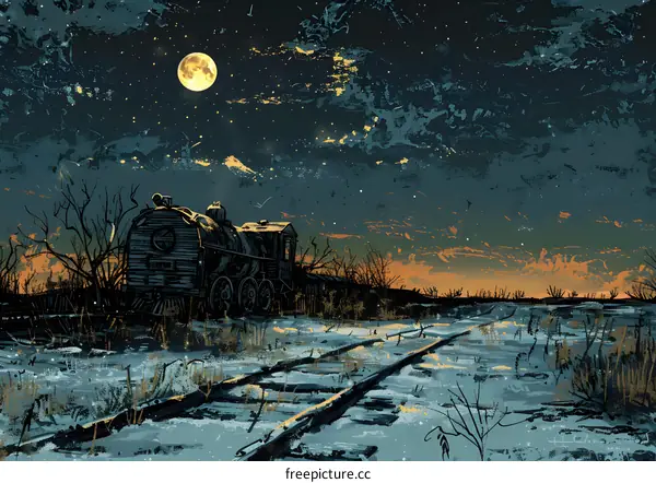Winter Night Landscape With Train and Moon