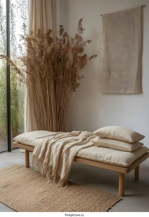Minimalist Interior Design with Wooden Bench and Dried Grass