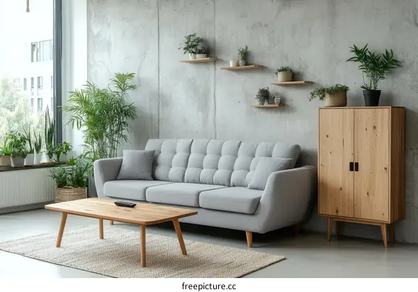 Modern Living Room with Greenery and Wooden Furniture