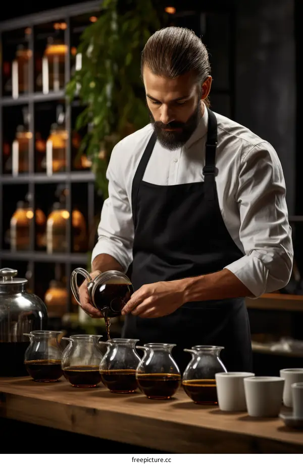 Bearded man carefully pouring coffee from a glass container into a row of glass containers