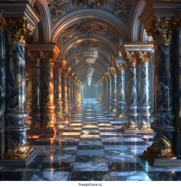 Opulent Hallway with Marble Columns and Checkered Floor