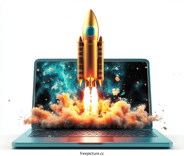 Rocket Launch from Laptop Digital Illustration