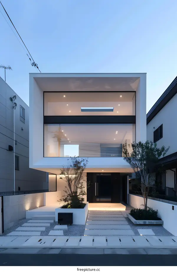 Modern White House with Large Windows and Minimalist Design