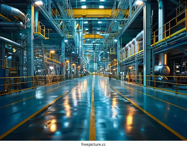 Modern Industrial Factory Interior with Blue Floors and Yellow Pipes