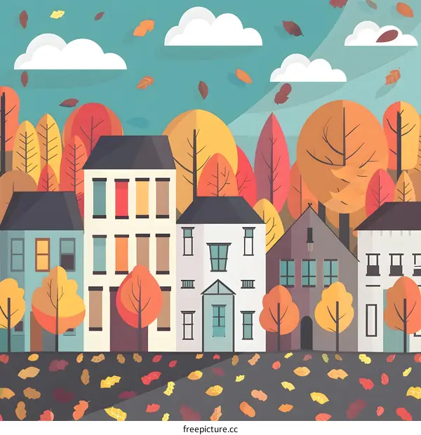 Autumn Town Landscape with Falling Leaves