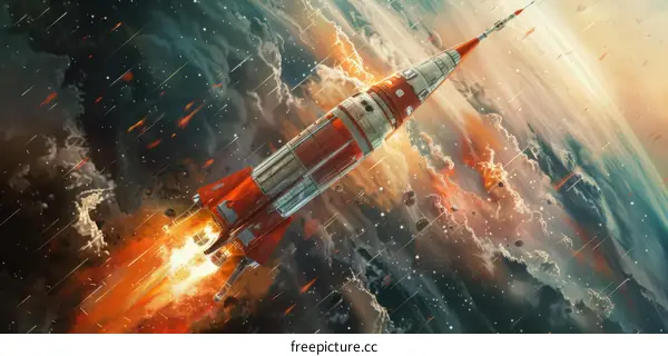 Retro rocket ship in space