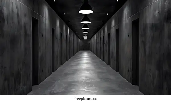 Dark Concrete Corridor With Doors And Lights