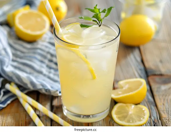Glass of Lemonade with Ice and Lemon Slices