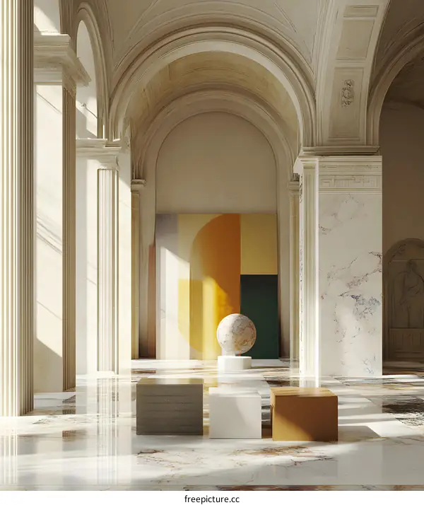 Abstract Art Installation With Geometric Shapes In A Marble Hallway