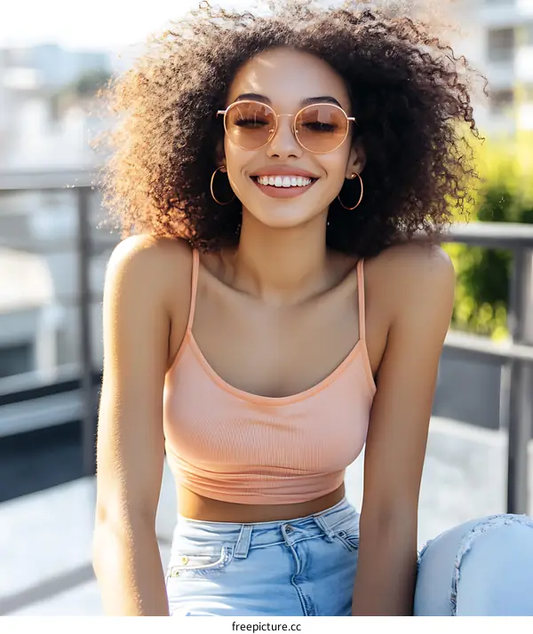 Smiling Young Woman with Curly Hair Wearing Sunglasses and Tank Top