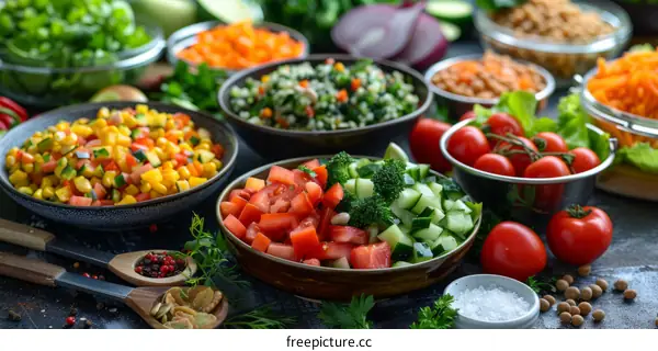Various fresh vegetables and spices on a dark background