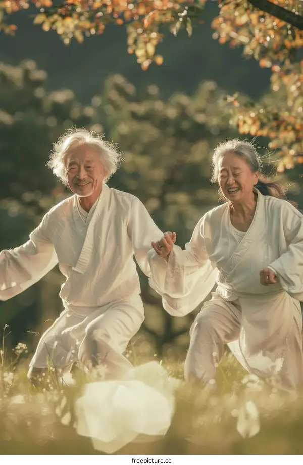 Happy elderly couple holding hands and running in the park