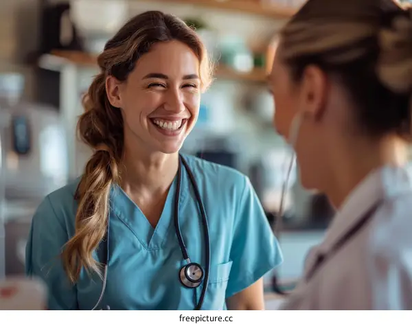 Two female doctors are talking and laughing in a hospital.