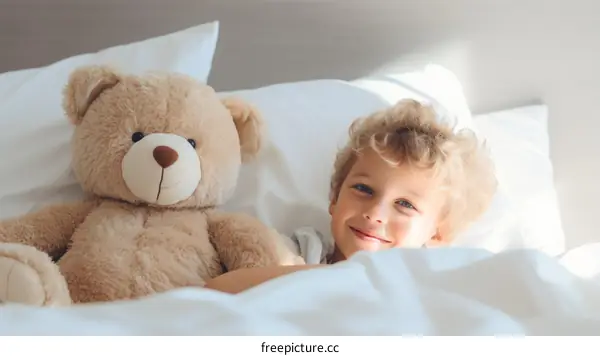 A young boy smiling while lying in bed with his teddy bear