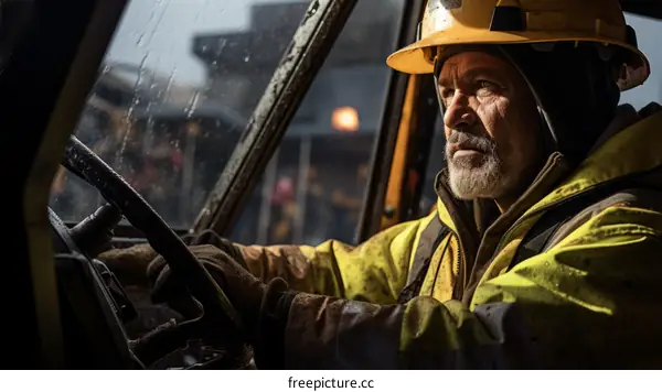 Portrait of a male construction worker wearing a hard hat and safety vest, sitting in the cab of a large mining truck.