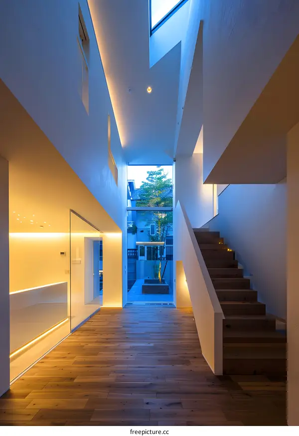 Modern Minimalist House Interior with Wooden Stairs and Glass Wall