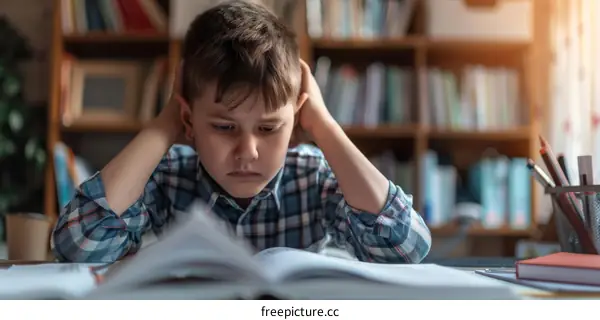 Stressed caucasian school boy sitting at desk in library