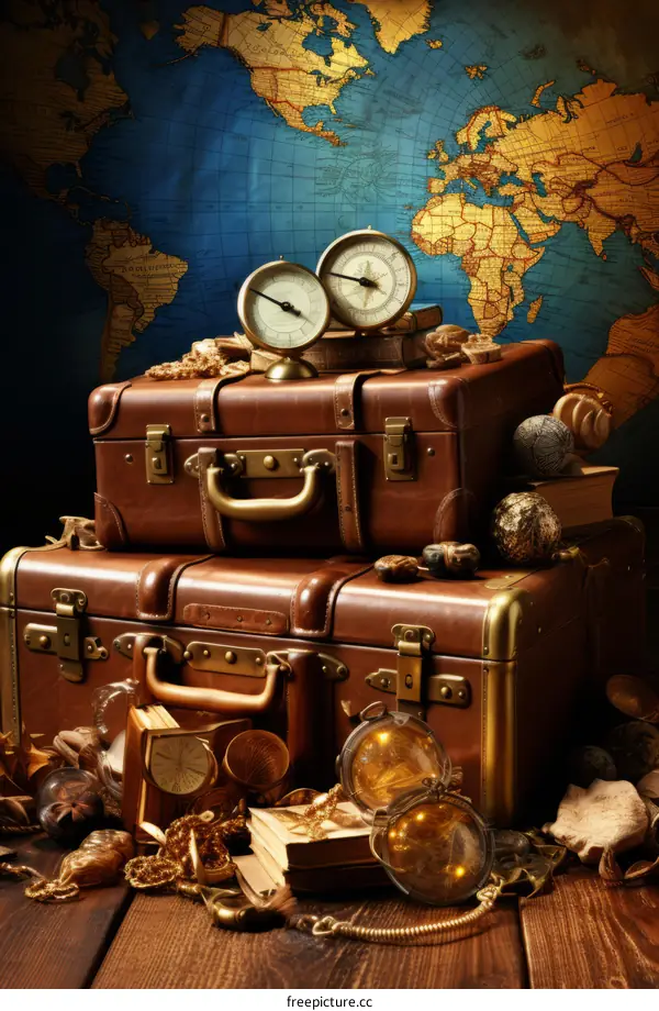 Vintage suitcases and travel accessories with old world map