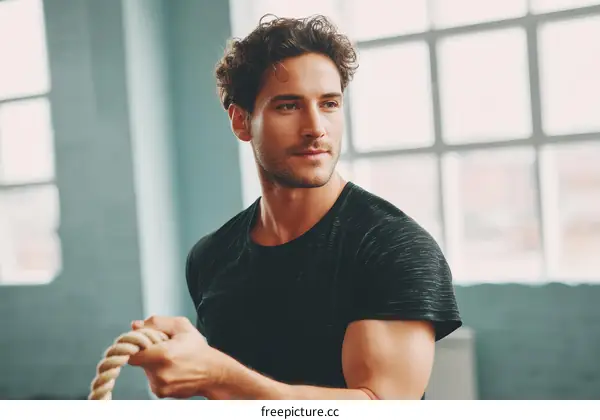 Focused Male Athlete Training with a Rope