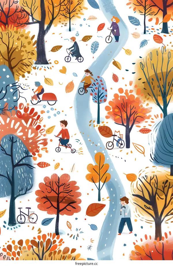 Colorful Fall Forest Illustration with People Riding Bikes