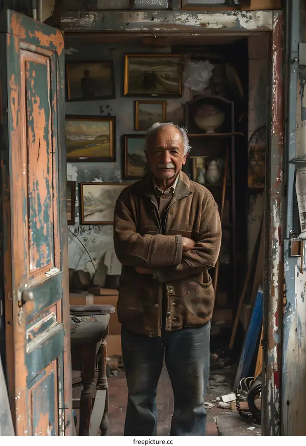 Portrait of an old man standing in a doorway
