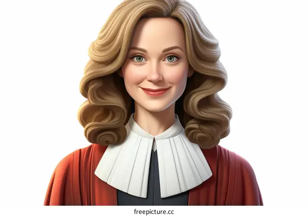 A blonde woman in a red robe smiles.